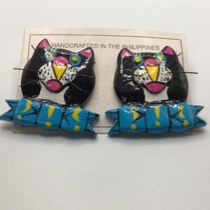 Handcrafted Cat Earrings - Black and Blue